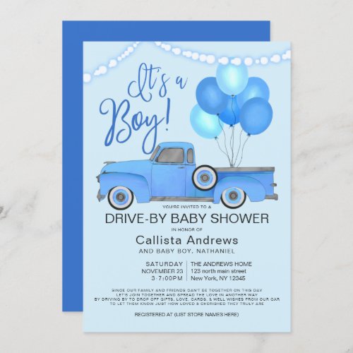 Its a Boy Truck Balloons Drive By Baby Shower Invitation