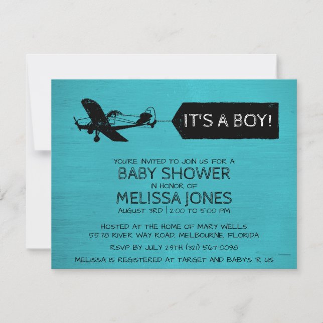 It's A Boy Turquoise Airplane Baby Shower Invite (Front)