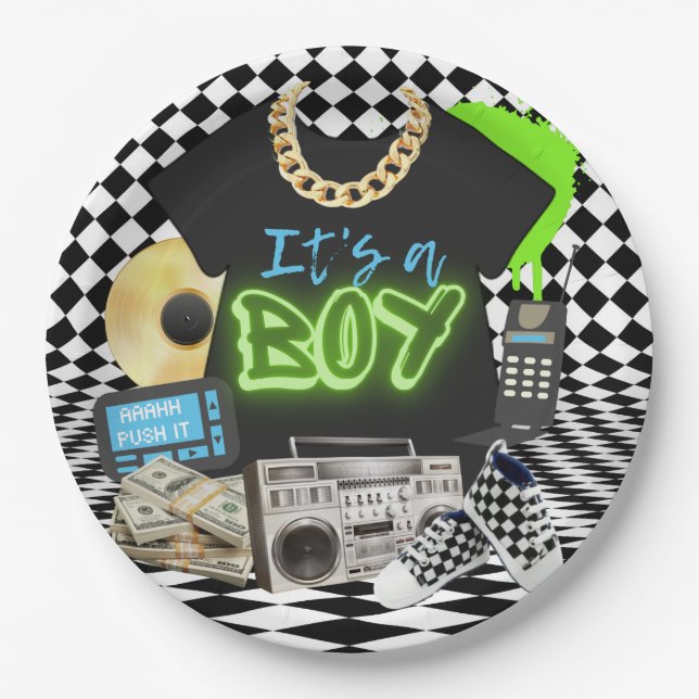 It's a Boy| Urban Retro Hip Hop Baby Shower BOY Paper Plates (Front)