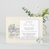 It's a boy vintage baby carriage shower party invitation (Standing Front)