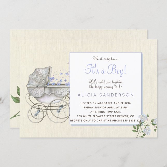 It's a boy vintage baby carriage shower party invitation (Front/Back)