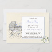 It's a boy vintage baby carriage shower party invitation (Front)