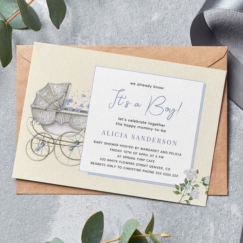 Its a boy vintage carriage baby shower party invitation