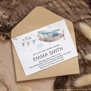 It's a Boy Watercolor Airplane Baby Boy Shower Invitation