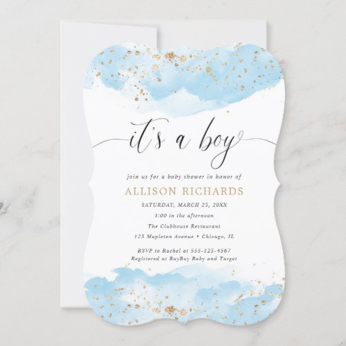 Its a boy watercolor blue and gold baby shower invitation