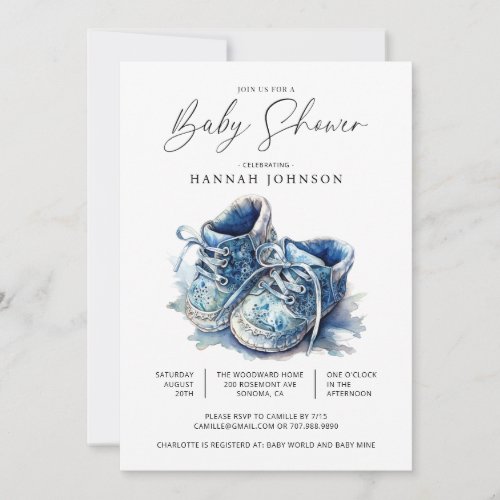 Its A Boy Watercolor Blue Baby Shoes Baby Shower  Invitation