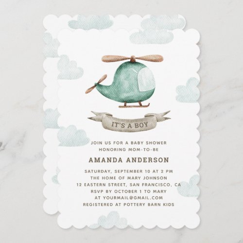 Its a boy Watercolor cute helicopter baby shower Invitation