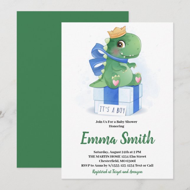 It's a Boy Watercolor Dinosaur Baby Shower Invitation (Front/Back)