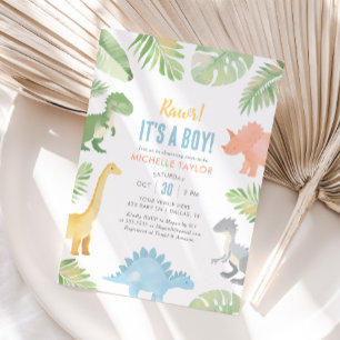It's a Boy Watercolor Dinosaur Baby Shower Invitation