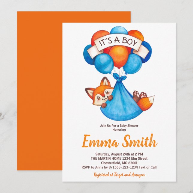 It's a Boy Watercolor Fox Baby Shower Invitation (Front/Back)