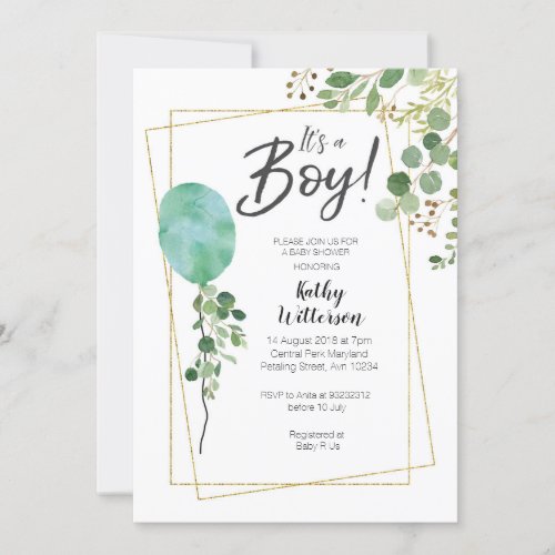 Its a Boy Watercolor Greenery oh baby shower Invitation