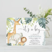 It's a Boy watercolor safari animals baby shower Invitation (Standing Front)