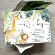 It's a Boy watercolor safari animals baby shower Invitation