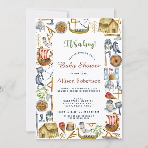 Its A Boy Watercolor Vikings Party Baby Shower Invitation