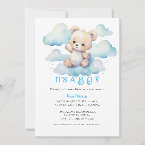 Its a boy watercolor woodland baby bear shower  invitation