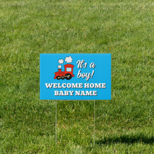 It's a boy Welcome Home cute choo choo train yard Sign
