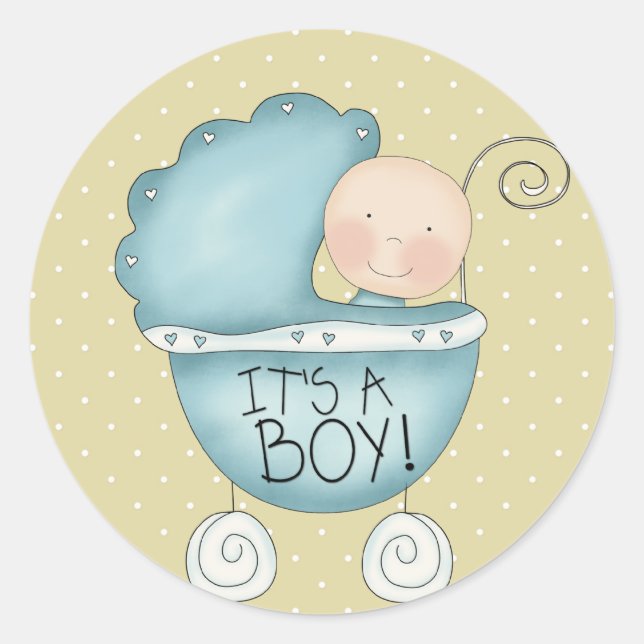 It's a Boy! Whimsical Blue Baby Carriage Classic Round Sticker (Front)