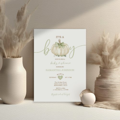 Its A Boy White Cream Pumpkin Green Baby Shower Invitation