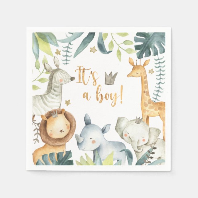 It's a boy Wild Giraffe Zebra Elephant Baby Shower Napkins (Front)