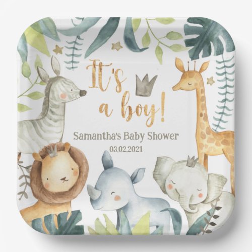 Its a boy Wild Giraffe Zebra Elephant Baby Shower Paper Plates