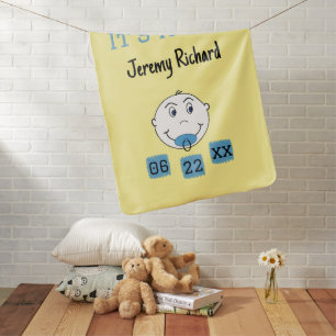 It's a Boy! with Custom Birth Date Name Baby Blanket