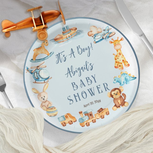It's A Boy Wooden | Stuffed Toys Baby Shower Paper Plates (Creator Uploaded)