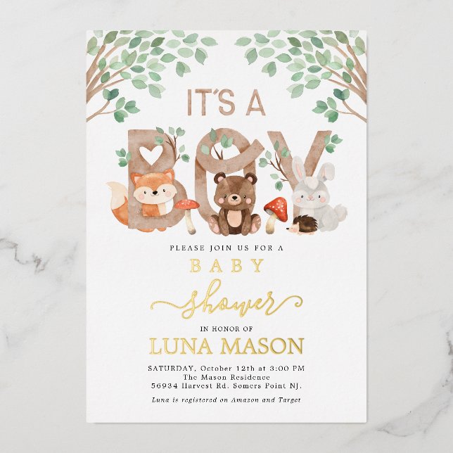 Its a Boy Woodland Baby Shower Invitation Foil Invitation (Front)