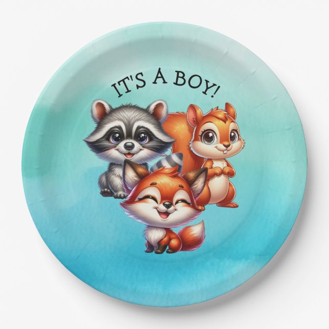 It's a Boy | Woodland Creatures Baby Shower Paper Plates (Front)