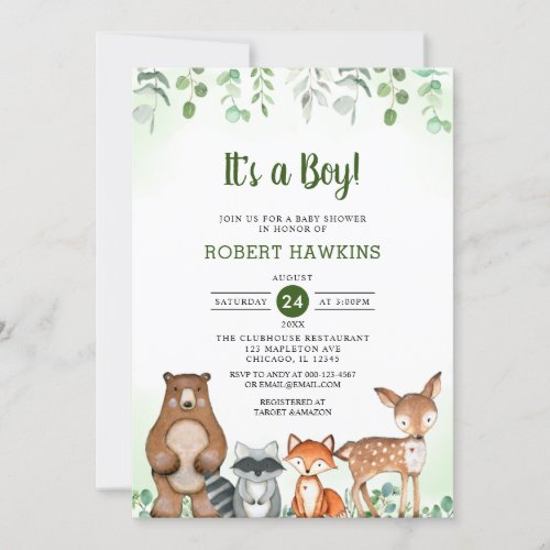 Its A Boy Woodland Forest Animals baby shower Invitation