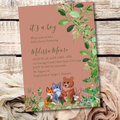 Its a boy woodland forest baby animal friends invitation