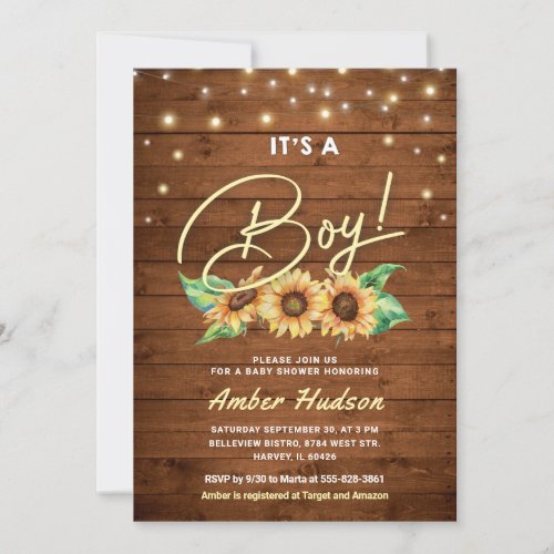 Its a Boy Yellow Sunflower Baby Shower Sprinkle Invitation