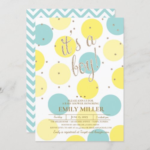 Its a Boy _ Yellow Turquoise  Gold Baby Shower Invitation
