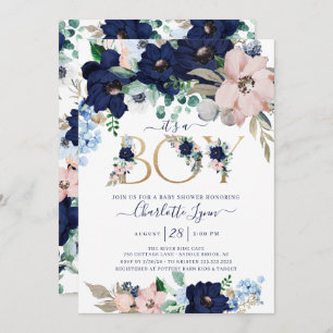 It's A BoyNavy Blue & Blush Floral Baby Shower Invitation