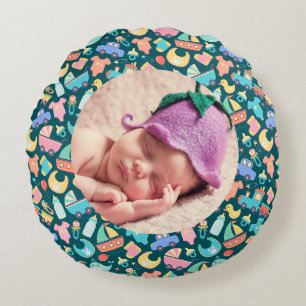 It's a Colorful Baby Shower Dark Personalized Round Pillow