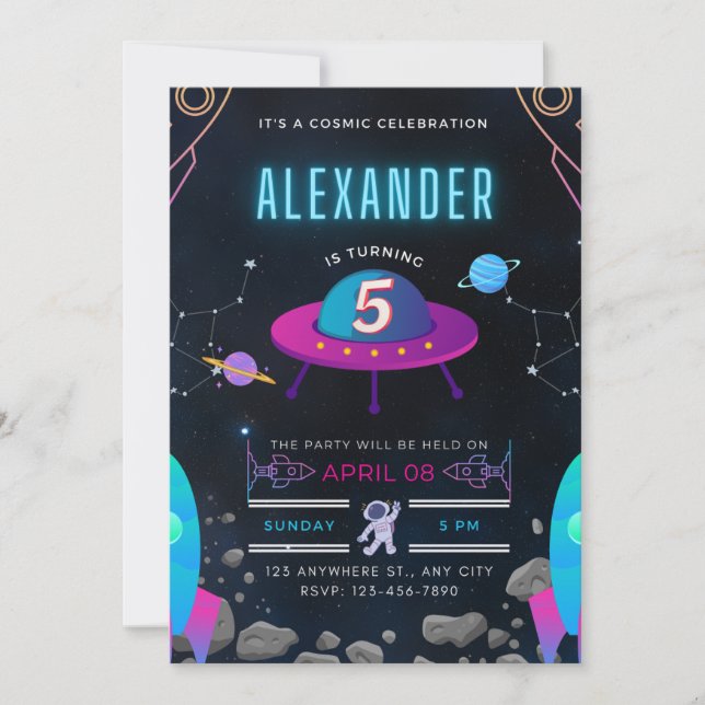 it's a cosmic celebration 5th birthday invitation (Front)
