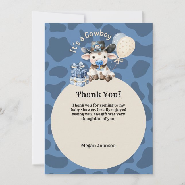 It's a Cowboy Blue & Beige Baby Shower  Thank You Card (Front)