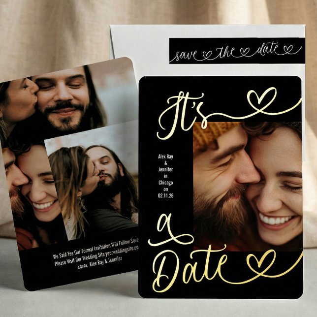 It's A Date Black White Photo Collage Gold Hearts Foil Invitation (Creator Uploaded)