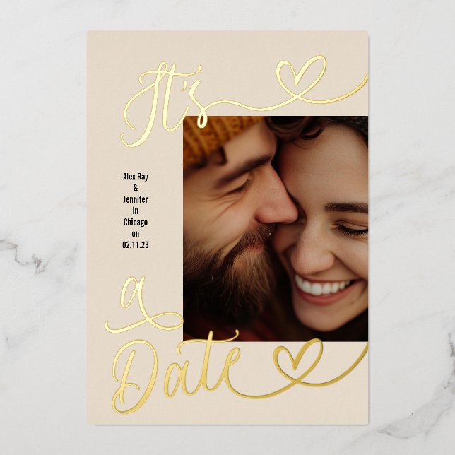 It's A Date Elegant Wedding 4 Photo Collage Gold Foil Invitation (Front)