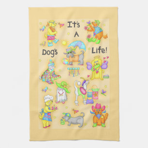 Its a Dogs Life Whimsy Funny Dogs Yellow Kitchen Towel