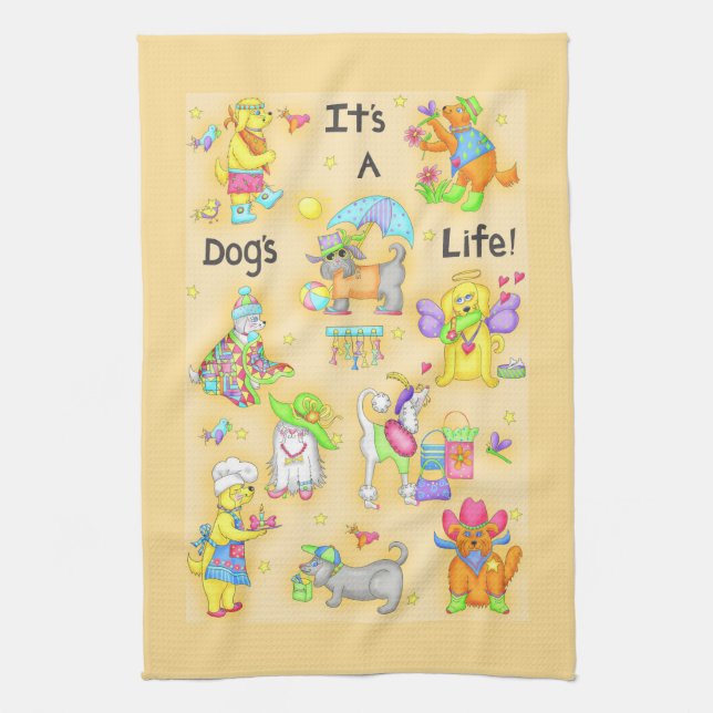 Its a Dogs Life Whimsy Funny Dogs Yellow Kitchen Towel (Vertical)