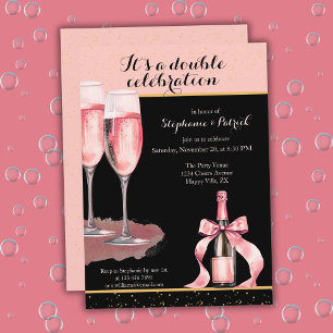 It's a Double Celebration Black Champagne Birthday Invitation
