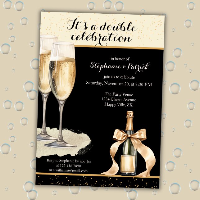 It's a Double Celebration Black Champagne Birthday Invitation (Creator Uploaded)