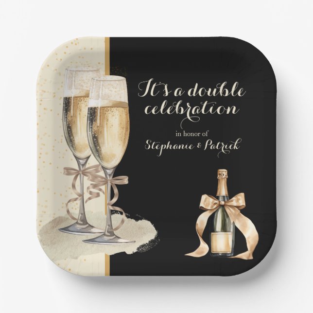 It's a Double Celebration Gold Champagne Party Paper Plates (Front)