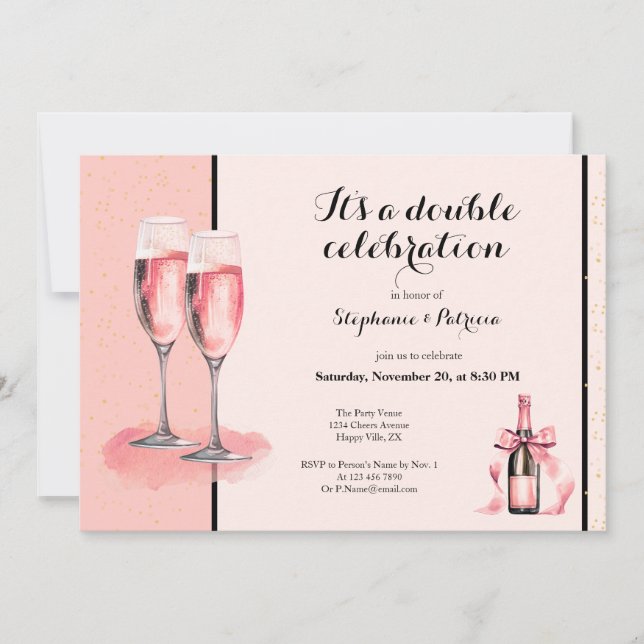 It's a Double Celebration Pink Champagne Birthday Invitation (Front)