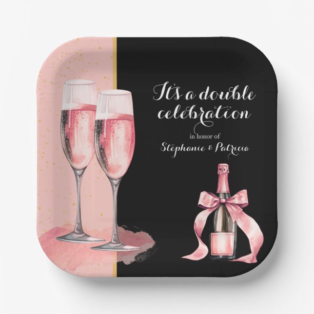 It's a Double Celebration Pink Champagne Birthday Paper Plates (Front)