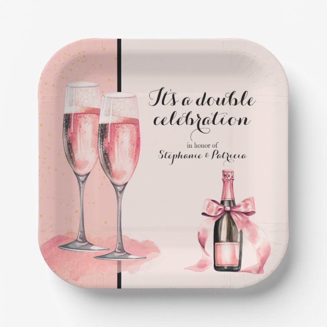 It's a Double Celebration Pink Champagne Birthday Paper Plates (Front)