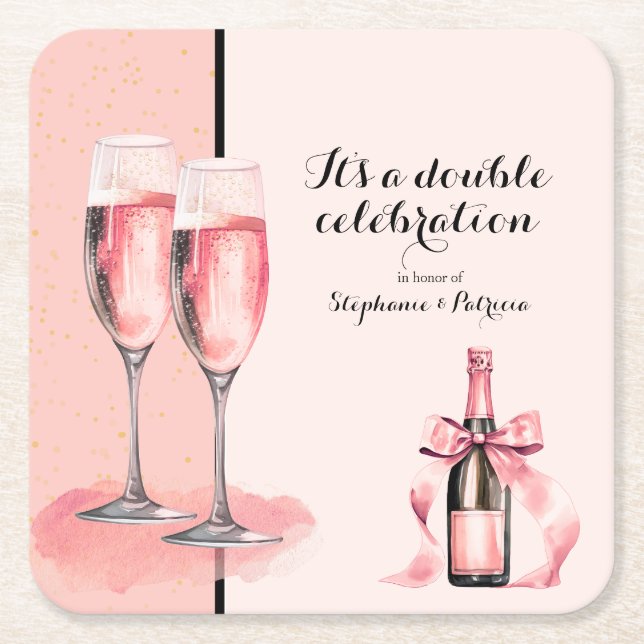 It's a Double Celebration Pink Champagne Birthday Square Paper Coaster (Front)
