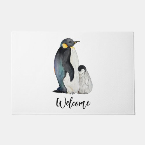 Its a family of penguins watercolor drawing doormat