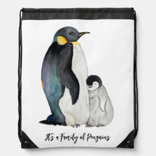 It's a family of penguins watercolor drawing drawstring bag