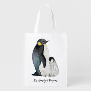 It's a family of penguins watercolor drawing grocery bag